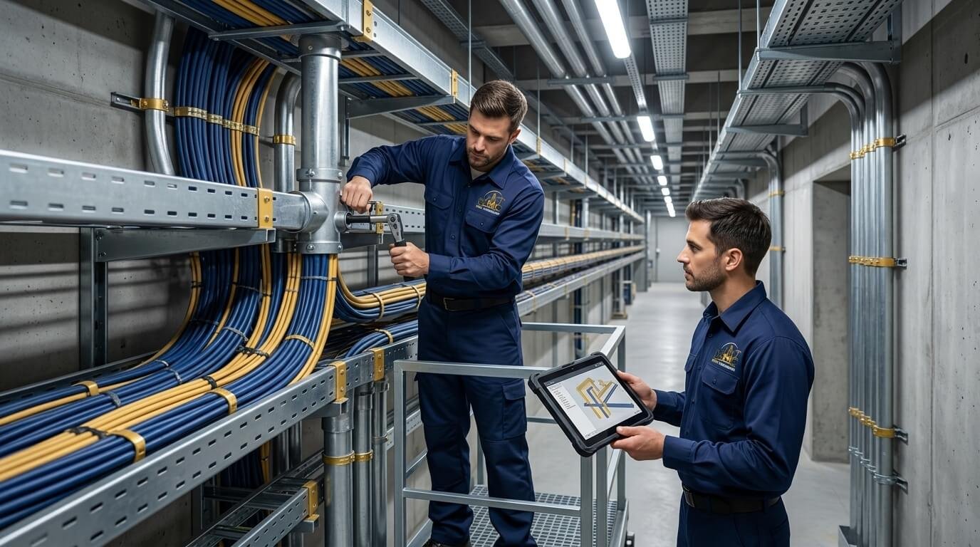 Cable trays running along a ceiling