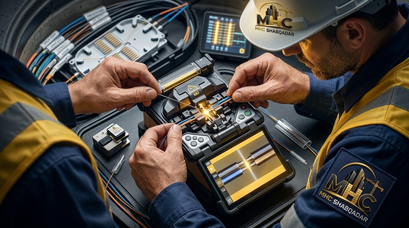 Technician splicing fiber optic cables