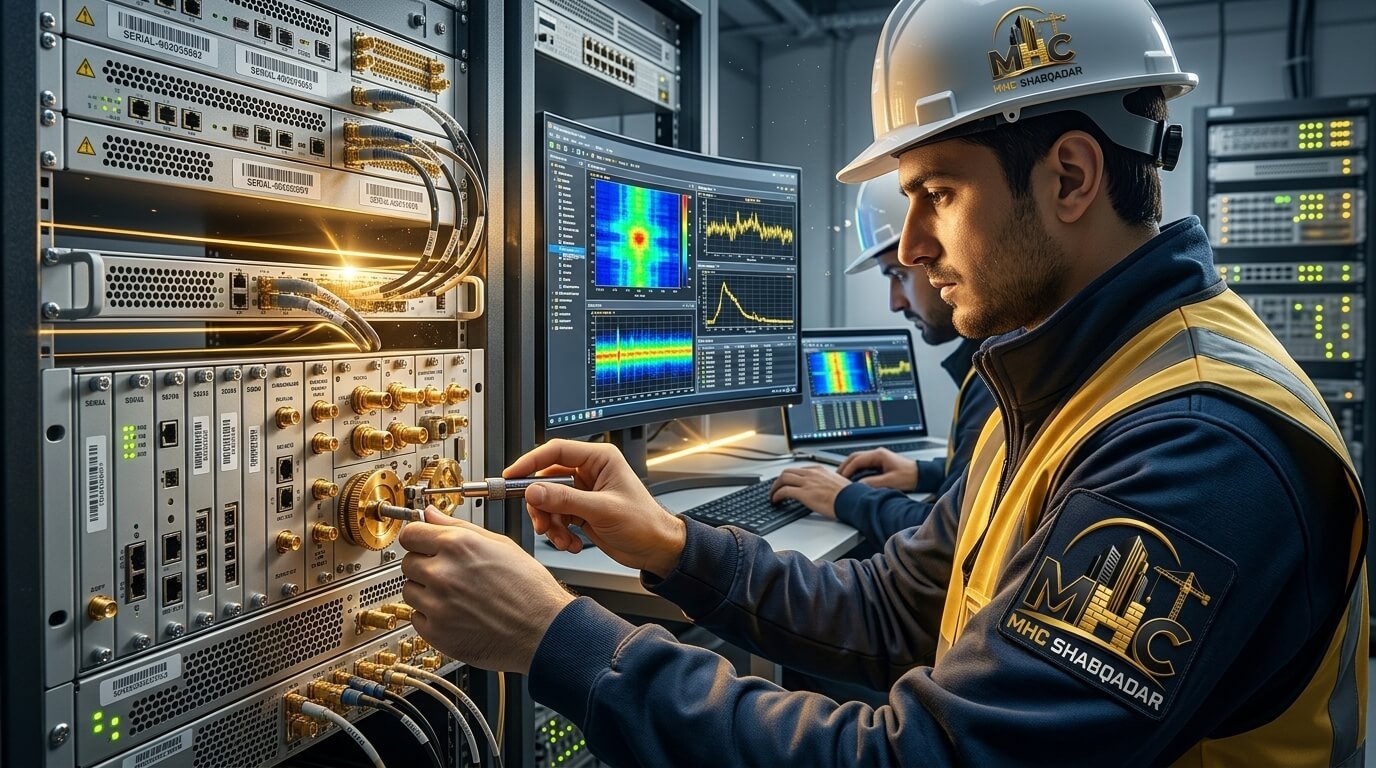 RF Engineer examining equipment