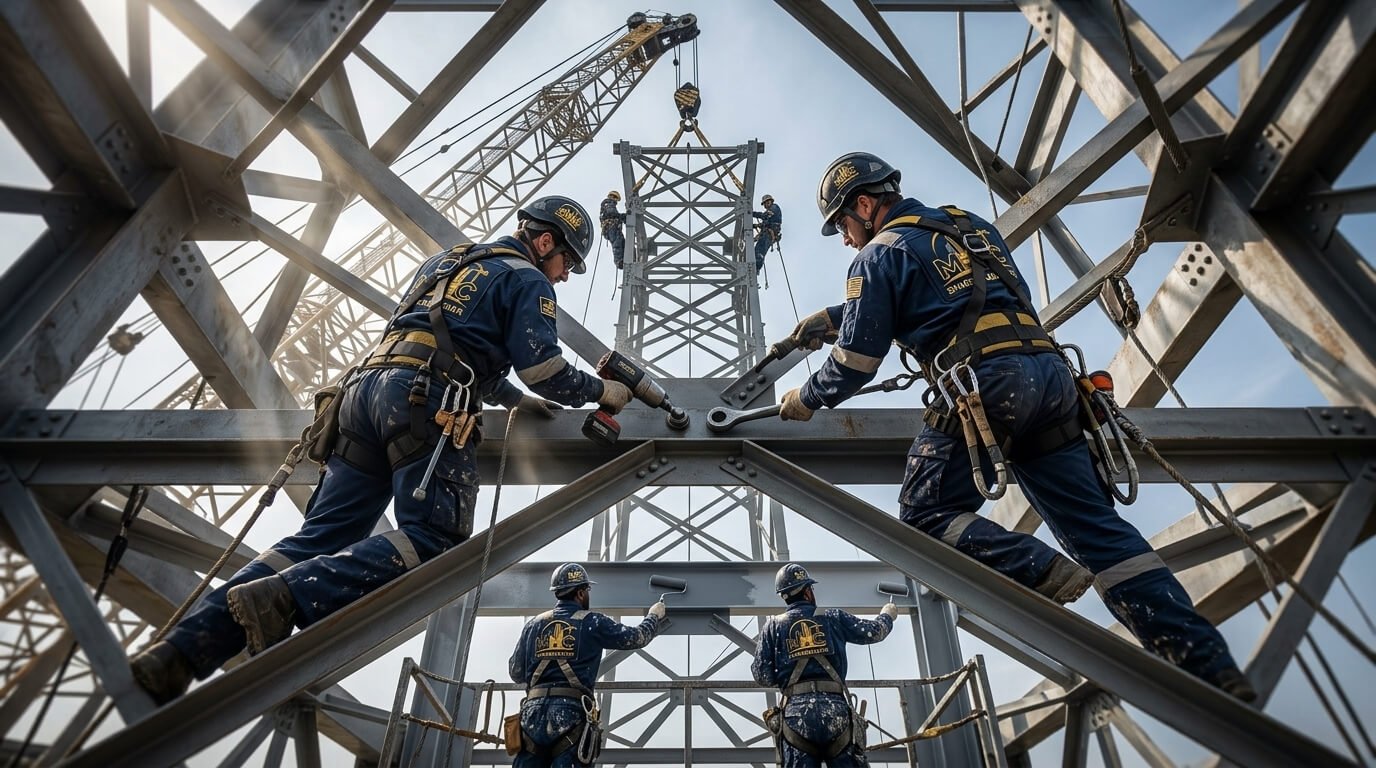 Steel tower assembly and painting